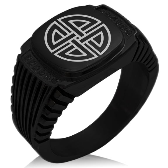 Stainless Steel Shield Knot Viking Norse Rune CZ Ribbed Needle Stripe Pattern Biker Style Polished Ring