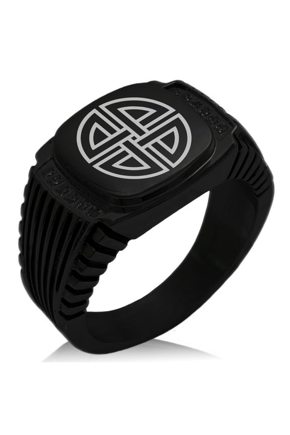 Stainless Steel Shield Knot Viking Norse Rune CZ Ribbed Needle Stripe Pattern Biker Style Polished Ring