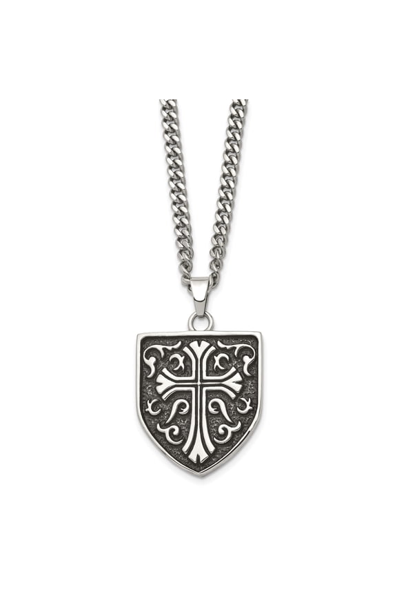Stainless Steel Cross Shield Pendant Necklace with 24 Inch Curb Chain for Men