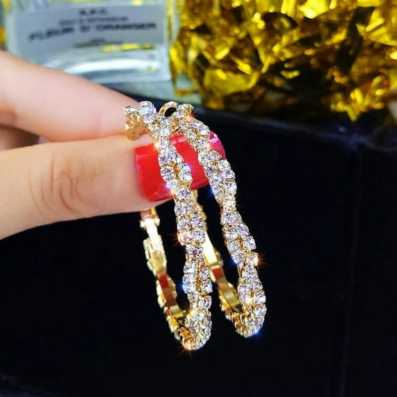 Stainless Steel Shiny Gold Rhinestone Crystal 5 cm Large Circle Hoop Earrings Charming Women Statement Hoops