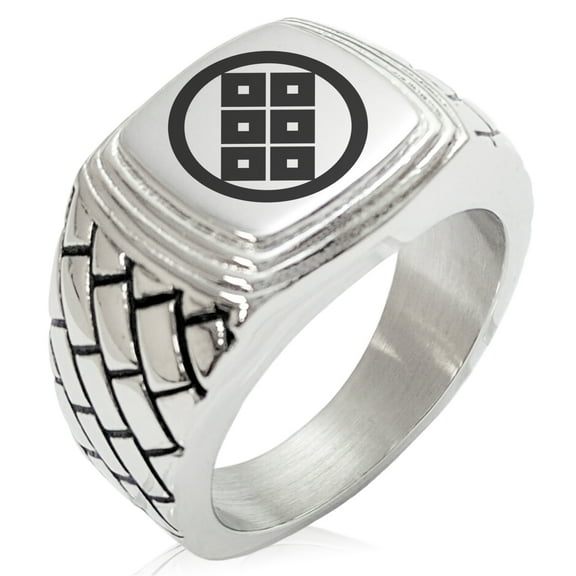 Tioneer Stainless Steel Shoni Samurai Crest Geometric Pattern Step-Down Biker Style Polished Ring