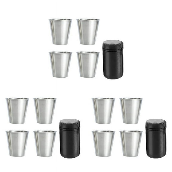 Stainless Steel Shot Cups, Set of 12 Cups, Metal Shot Glasses, Stackable, Hip Flask Small with Leather Bag for Outdoor