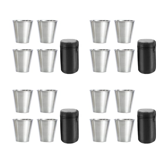 Stainless Steel Shot Cups, Set of 16 Cups, Metal Shot Glasses, Stackable, Hip Flask Small with Leather Bag for Outdoor