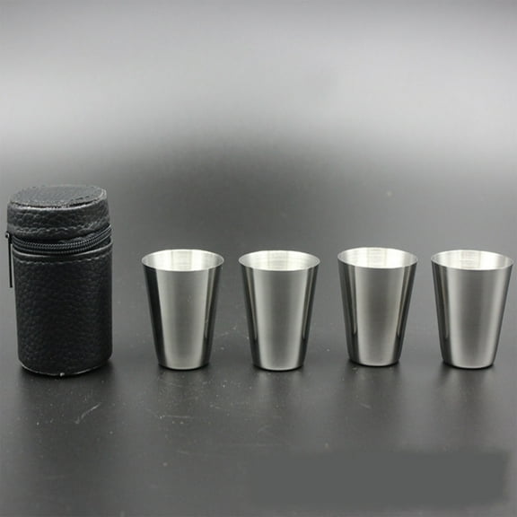 Stainless Steel Shot Glasses Set of 4 | 30ml Portable Outdoor Drinking Cups with Leather Carrying Case | For Camping Hiking Travel & Parties