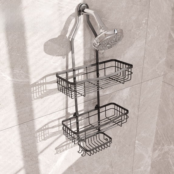 Stainless Steel Shower Caddy, Black Shower Organizer Rack, No Drill Installation, Hanging Shower Shelf for Bathroom, Shampoo Storage with Hanger