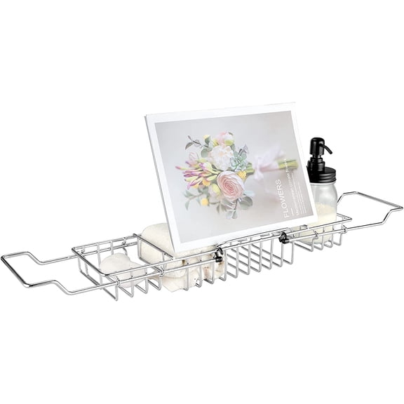 Stainless Steel Shower Caddy Tray with Removable Book Holder, European Style Extendable Rectangular Bathroom Tray for Shower Bath Phone IPad Book Holder Candleholder Table Shelf - Silver