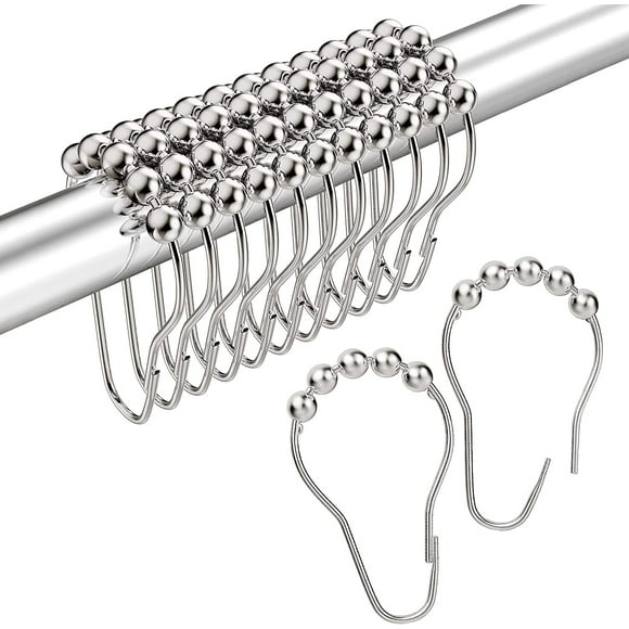 Stainless Steel Shower Curtain Hooks Rings, Nickel Shower Hooks for Shower Curtain Liner, Rolling Balls Rust Proof Shower Rings for Curtain Accessories and Bathroom Shower Rod, Set of 12
