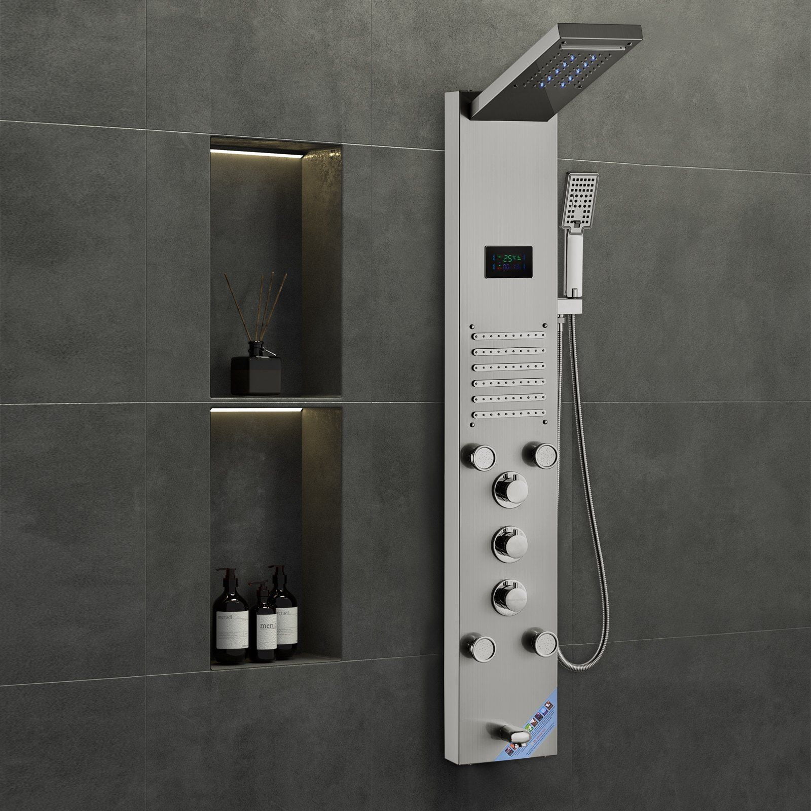 Stainless Steel Shower Panel System - 6 Modes, LED Display, Rainfall & Massage Jets, Hydroelectric, Wall-Mounted