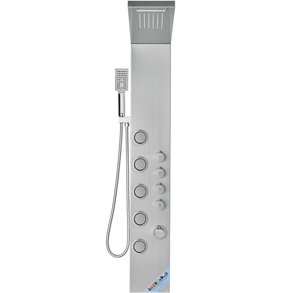 Stainless Steel Shower Panel System with 4 Modes Rainfall Waterfall 5 Massage Jets and 3 Setting Handheld Shower Head 59 Inch Hose