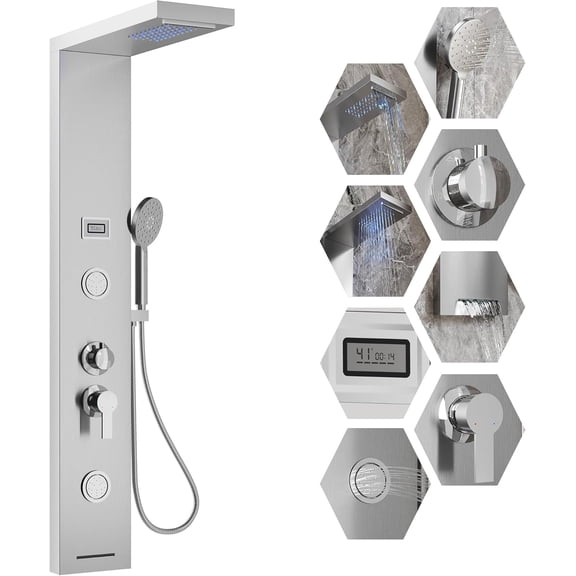 Stainless Steel Shower Panel with LED Display - 3 Function Handheld Shower Thermostatic Temperature Control Wall Mount Brushed Finish