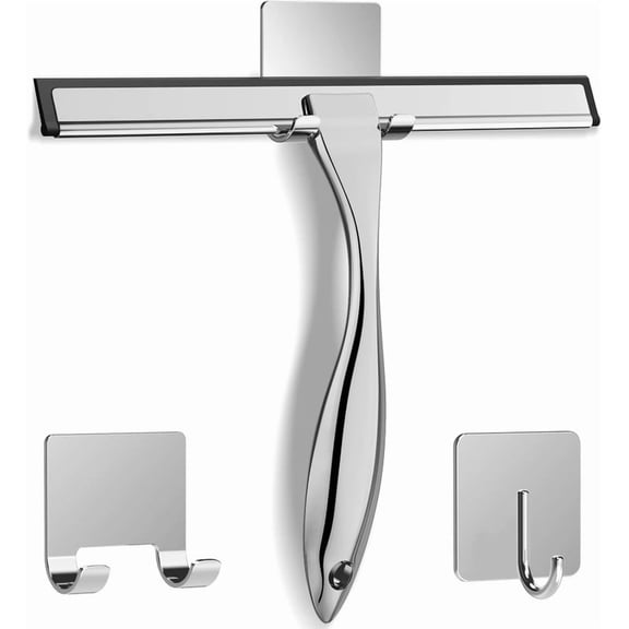 Stainless Steel Shower Squeegee 10 Inch, All-Purpose Window Squeegee with 2 Adhesive Hooks, Streak-Free Glass Cleaner for Shower Doors, Mirrors, Tile, Car Windows (Silver)