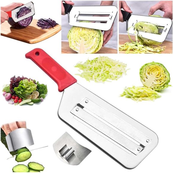 Stainless Steel Shredder Knife, Stainless Steel Dual Blade Julienne Cutter, Cabbage Chopper Shredder Slicer for Coleslaw, Grating & Shredding - Perfect for Coleslaw, Vegetables with Hook (Red)