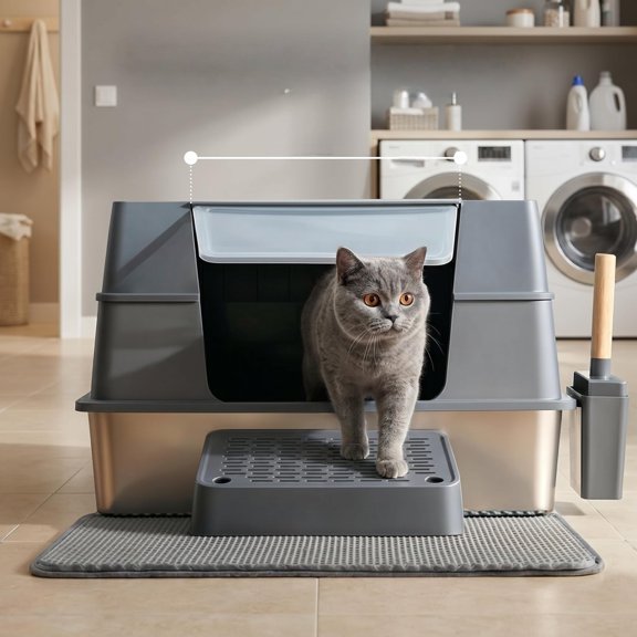 Stainless Steel Side-Entry Cat Litter Box, Metal Kitty Litter Box with Door for Small/Medium Cats, Anti-Leakage Easy Clean, Includes Scoop, Grey
