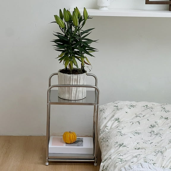 Stainless Steel Side Table - 2-Tier Small Coffee Table, Sofa Cabinet, Bedside Storage Rack, 19.29x12.2x10.43 Inches, Silver, Modern Minimalist Design
