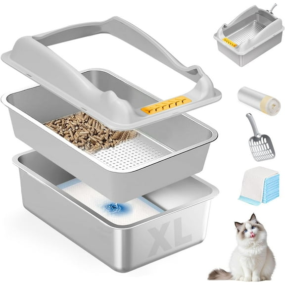 Stainless Steel Sifting Cat Litter Box with Lid,XL Metal Sifting Litter Box for Pine Pellets,High Sides Metal Litter Box System for Big Cats,Anti-Leakage,Easy Clean