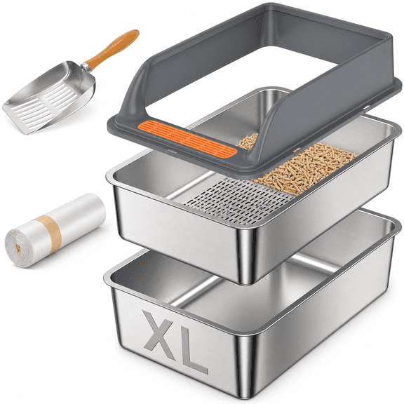 Stainless Steel Sifting Cat Litter Box XL:23.6''×15.7''×10'' With Lid For Pine Pellets Big Cats