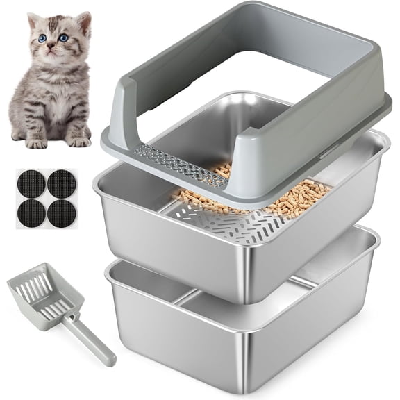 Stainless Steel Sifting Cat Litter Box with High Sides and Scooper 17.7" x 13.8" x 11"