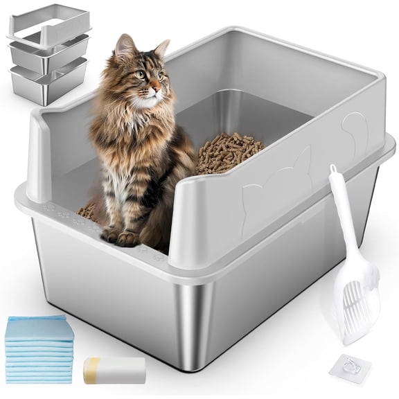 Stainless Steel Sifting Litter Box, 23.6" L x 15.7" W x 13" High Sided Metal Sifting Cat Litter Box for Pine Pellets, Enclosed Sifting Box with Lid, Anti-Leakage, Easy Clean for Big and Multiple Cats