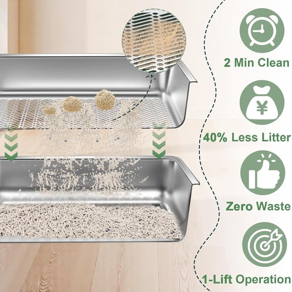 Stainless Steel Sifting Litter Box for Clumping Clay Litter, Extra Large Metal Sifting Litter Pan with Litter Storage Bag, Easy Cleaning-20 ''Lx 13.8''W x 6''H