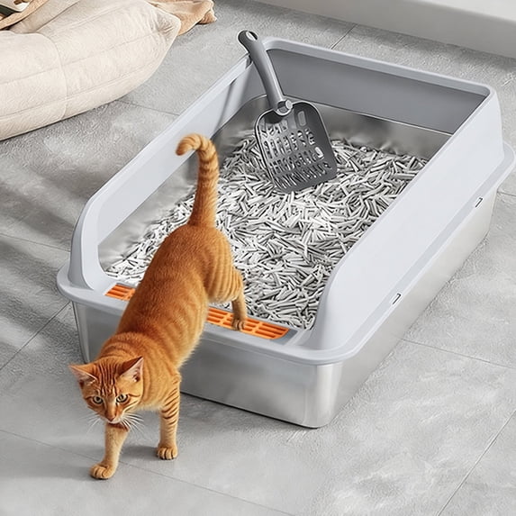 Stainless Steel Sifting Litter Box with Lid,Extra Large Sifting Cat Litter Box for Pine Pellets & Cats,Metal Pellet Sifter Litter Pan System for Odor Control with Scoop(Light Ashy)