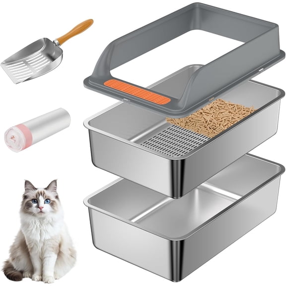 Stainless Steel Sifting Litter Box with Lid, Large Sifting Litter Box for Pine Pellets & Big Cats,Metal Pellet Sifter Litter Pan System for Odor Control,Sifting Box Liners & Scoop