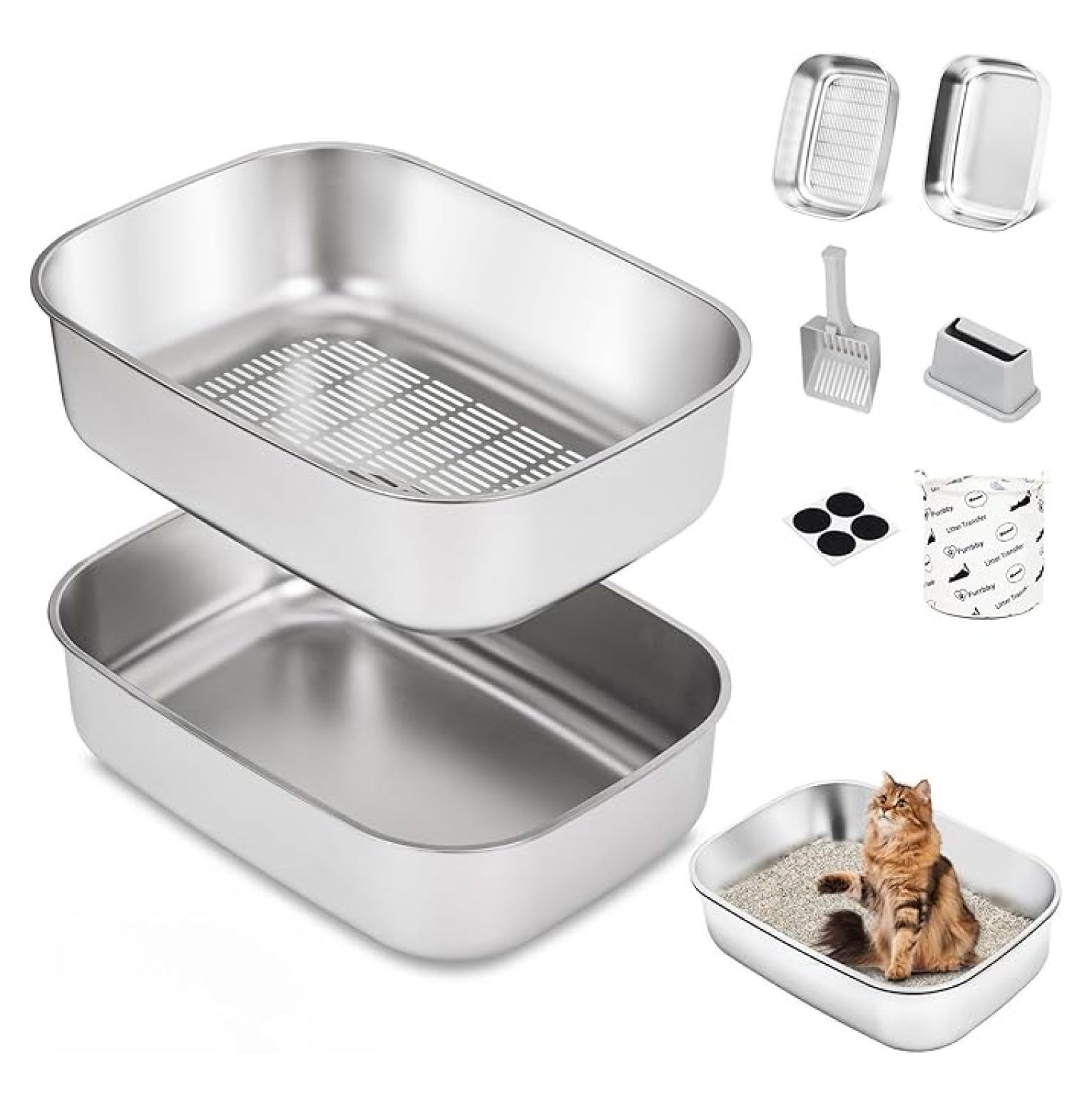 Stainless Steel Sifting Litter Box with Lid, Metal Litter Pan with for ...