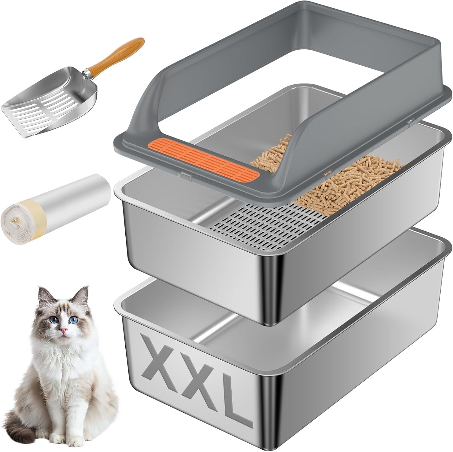 Stainless Steel Sifting Litter Box with Lid, XXL Sifting Litter Box for ...