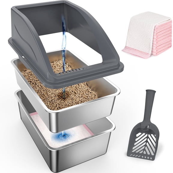Stainless Steel Sifting Litter Box for Pine Pellet Litter, XXL Non-Clumping System with Lid for Large Cats, High-Sided, Anti-Leakage Design with Non-Stick Bottom, Dark Gray