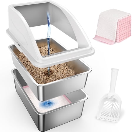 Stainless Steel Sifting Litter Box for Pine Pellet Litter, XXL Non-Clumping System with Lid for Large Cats, High-Sided, Anti-Leakage Design with Non-Stick Bottom, Silver Gray