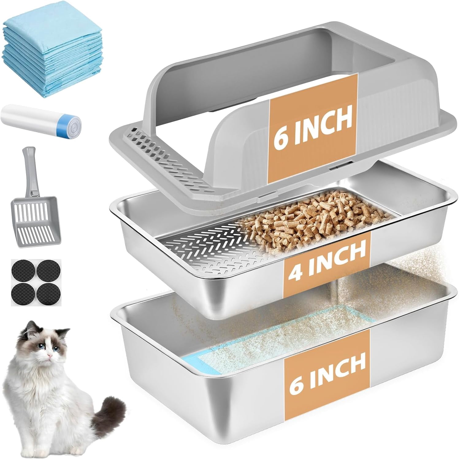 Stainless Steel Sifting Litter Box for Pine Pellets, 23.6''Lx15.7''Wx12 ...