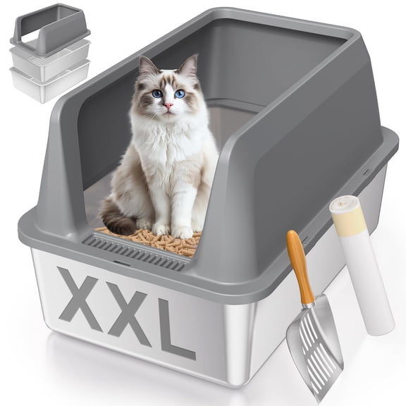 Stainless Steel Sifting Litter Box With Lid High Sides Xxl Extra Large Cat For Pine Pellets & Big Cats Sifter Pan System Odor Control Liners Scoop