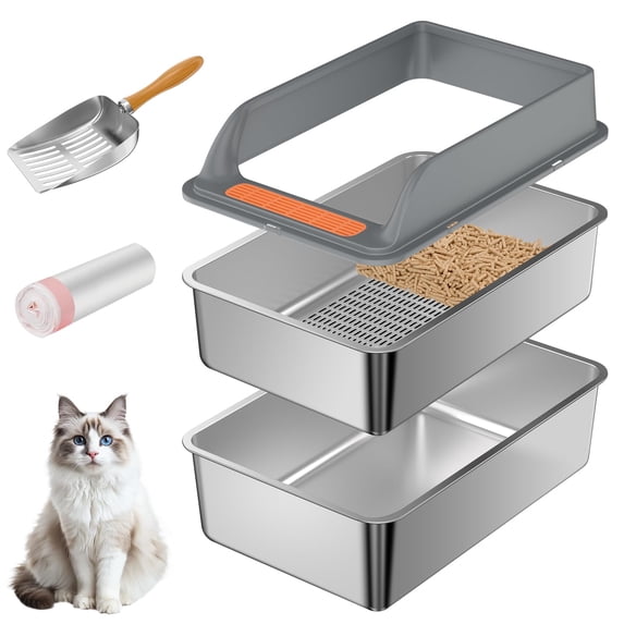 Stainless Steel Sifting Cat Litter Box With Lid L:19.7''×13.8''×10'' For Pine Pellets Big Cats