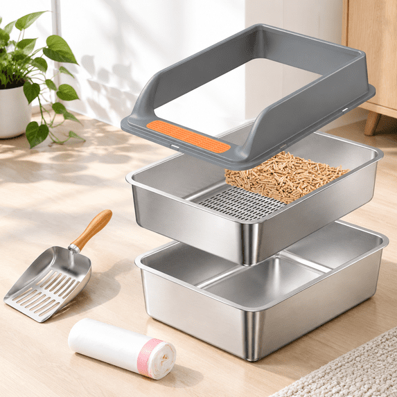 Stainless Steel Sifting Litter Box With Lid Medium Cat For Pine Pellets ...