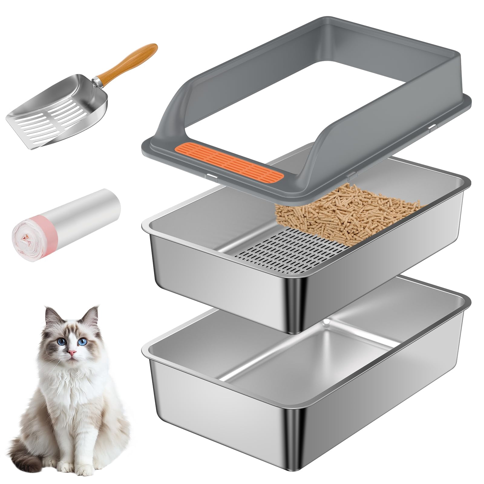 Stainless Steel Sifting Cat Litter Box with Lid M:19.7''×13.8''×8'' for Pine Pellets and Big Cats