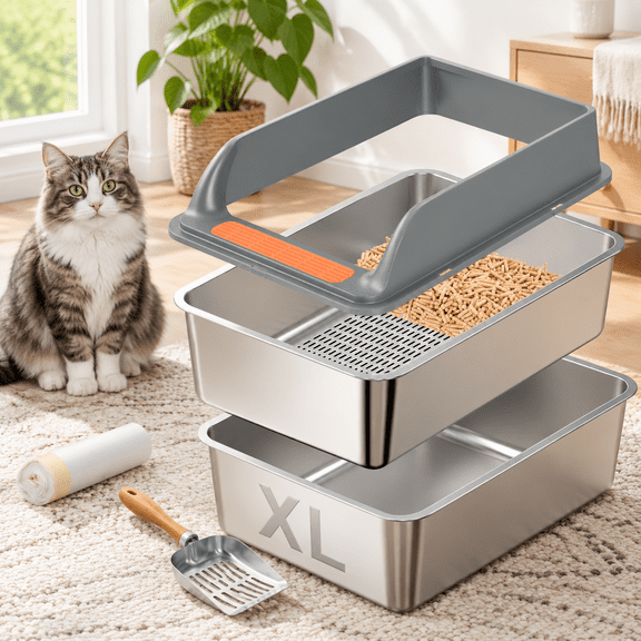 Stainless Steel Sifting Litter Box With Lid Xl Extra Large Cat For Pine Pellets & Big Cats Metal Pellet Sifter Pan System Odor Co