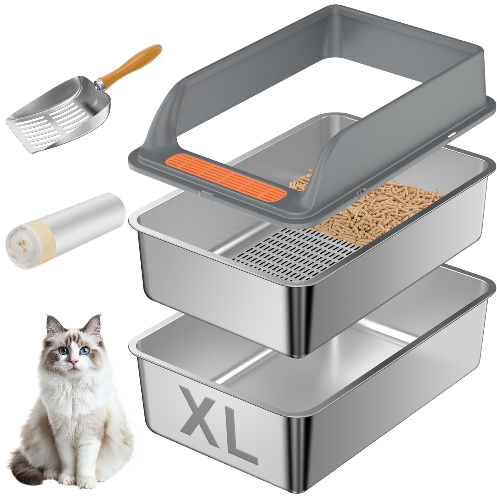 Stainless Steel Sifting Cat Litter Box with Lid XL:23.6''×15.7''×10'' for Pine Pellets and Big Cats