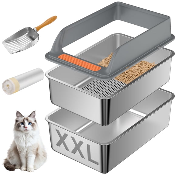 Stainless Steel Sifting Cat Litter Box XXL:23.6''×15.7''×12'' For Pine Pellets and Big Cats
