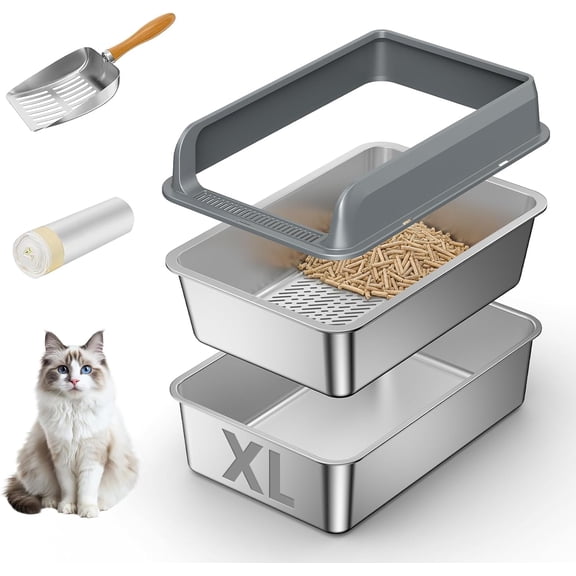 Stainless Steel Sifting Litter Box with Lid Extra Large High Sides for Pine Pellets Odor Control Includes Liners and Scoop