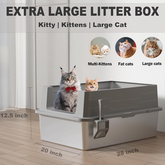Stainless Steel Sifting Litter Box with Lid, Metal Litter Pan with Scoop for Big Cats Multi Cat, Extra Large Cats Litterbox Odor Control Easy Clean