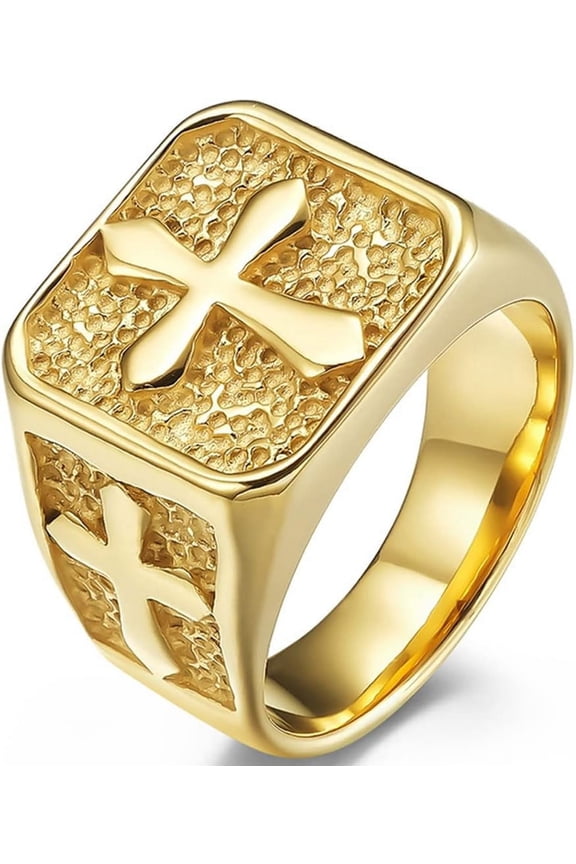 Stainless Steel Signet Style Christian Cross Religious Cocktail Party Biker Statement Wedding Ring