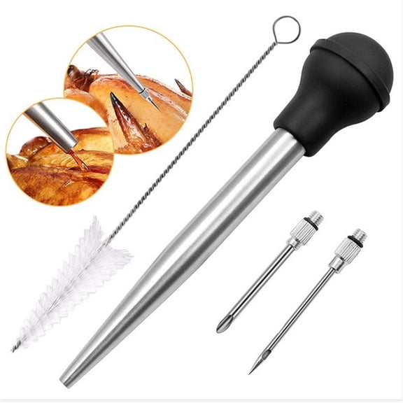 Stainless Steel Silicone Bulb Basters Syringe - Injector Needle with Cleaning Brush, for Cooking, Baking, Injecting Marinade ,Black