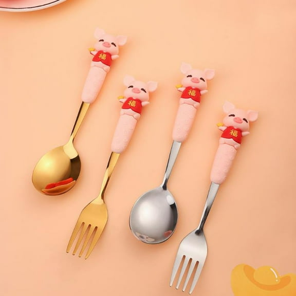 Stainless Steel Silicone Fork Spoon Set | Pig Handle Utensils | Adorable Animal Design | Ergonomic Grip | Travel Picnic Home Use | 2 Pack | 6.8in | Durable Dining Tools