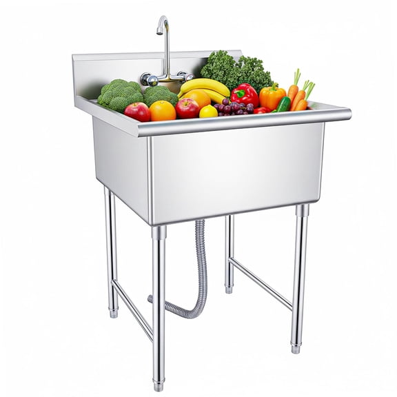 Freestanding Silver 27 Inch Stainless Steel Single Bowl, Cleaning Sink Washing Hand Basin Kitchen Utility Sink Laundry Sink Utility Sink with Retractable Cold and Hot Water Faucet for Pet Cleaning &
