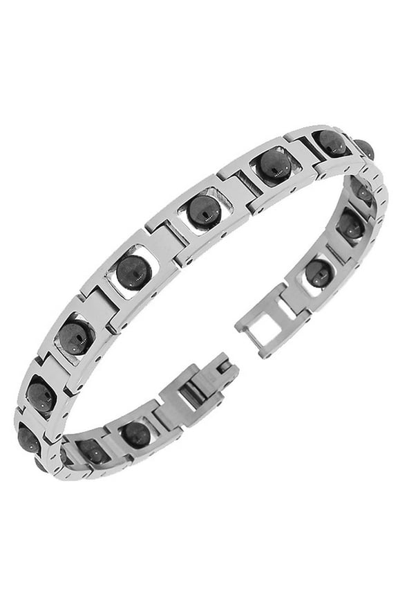 Stainless Steel Silver Black Two-Tone Beaded Link Chain Mens Bracelet with Clasp