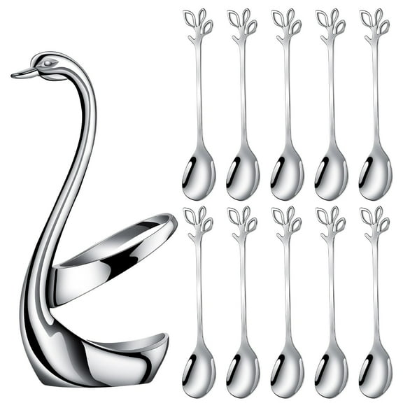 Stainless Steel Silver Creative Dinnerware Set - Decorative Swan Base Holder with 10 Leaf Spoons for Coffee, Fruit,Dessert,Stirring, Mixing, Sugar, Stir, Ice Cream, Cake, Teaspoon