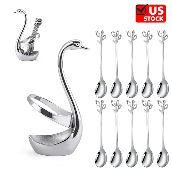 Stainless Steel Silver Creative Dinnerware Set - Decorative Swan Base Holder with 10 Leaf Spoons for Coffee, Fruit,Dessert,Stirring, Mixing, Sugar, Stir, Ice Cream, Cake, Teaspoon
