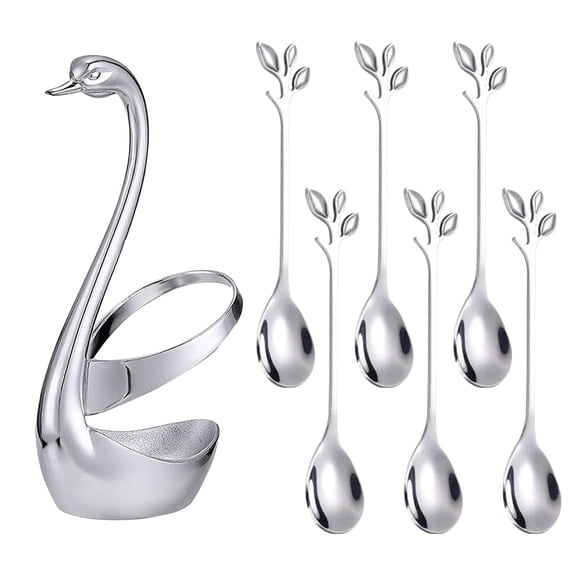 Stainless Steel Silver Creative Dinnerware Set - Decorative Swan Base Holder, Tableware Holder for Coffee, Fruit, Dessert, Sugar, Ice Cream, Cake, Teaspoon, Silver, with 6 Leaf Spoons