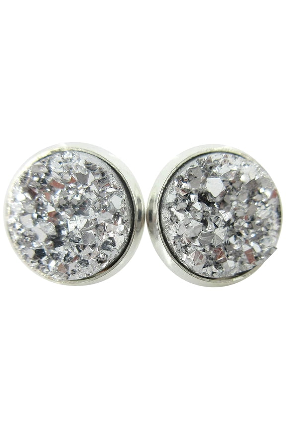 Stainless Steel Silver Faux Druzy Stone Stud Earrings 12mm