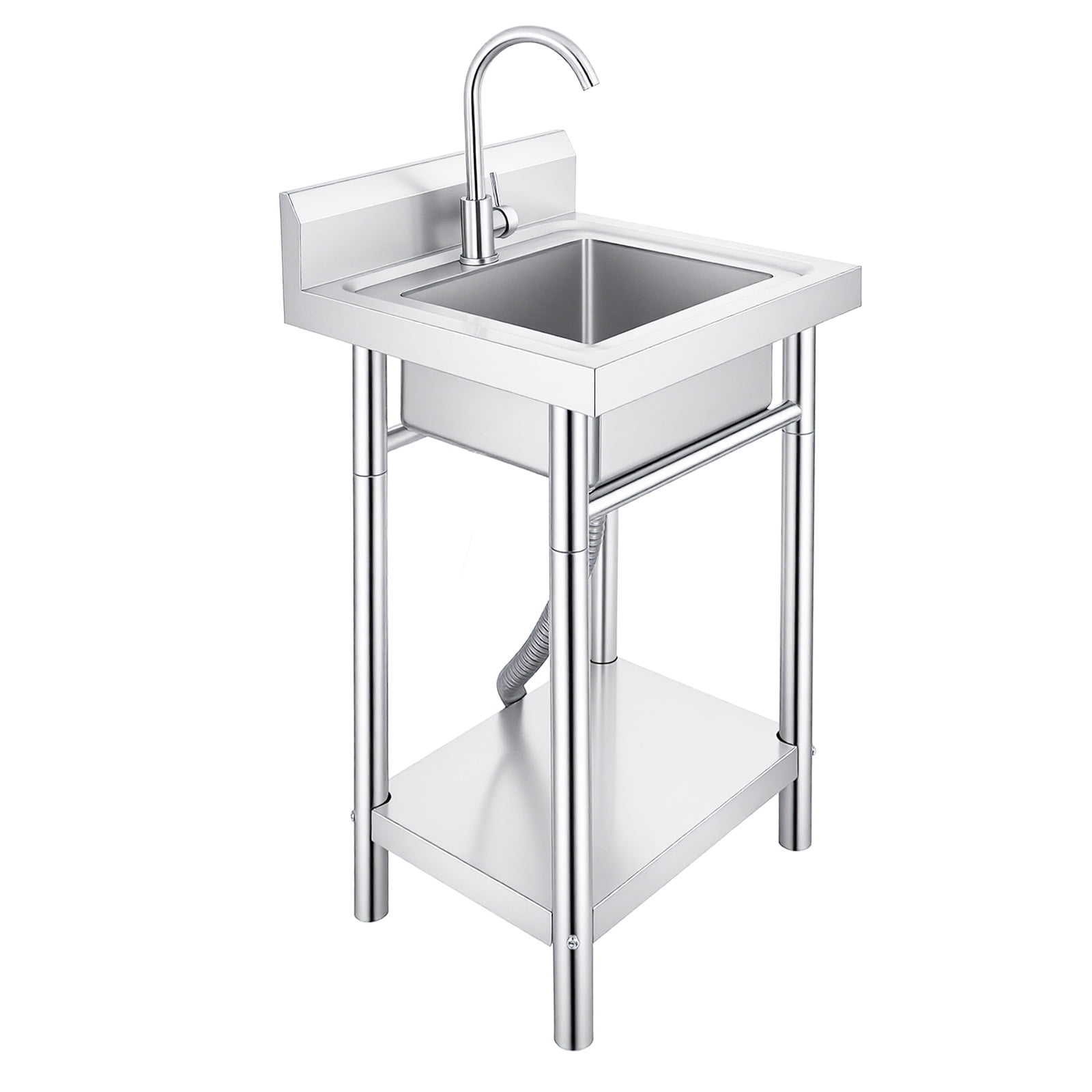 Stainless Steel Silver Freestanding Laundry Sink, Single Bowl Utility Sink with Drain Strainer & Shelf, 360° Rotation Faucet for Indoor Outdoor Use