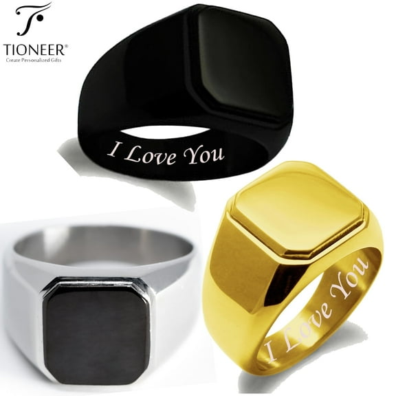 Tioneer Stainless Steel Silver Gold Black Square Biker Style Flat Top Signet Ring I Love You Engraved Free Top Engrave